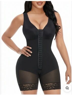 Sleek Black Full-Body Shaper with Front Hook and Lace Thighs